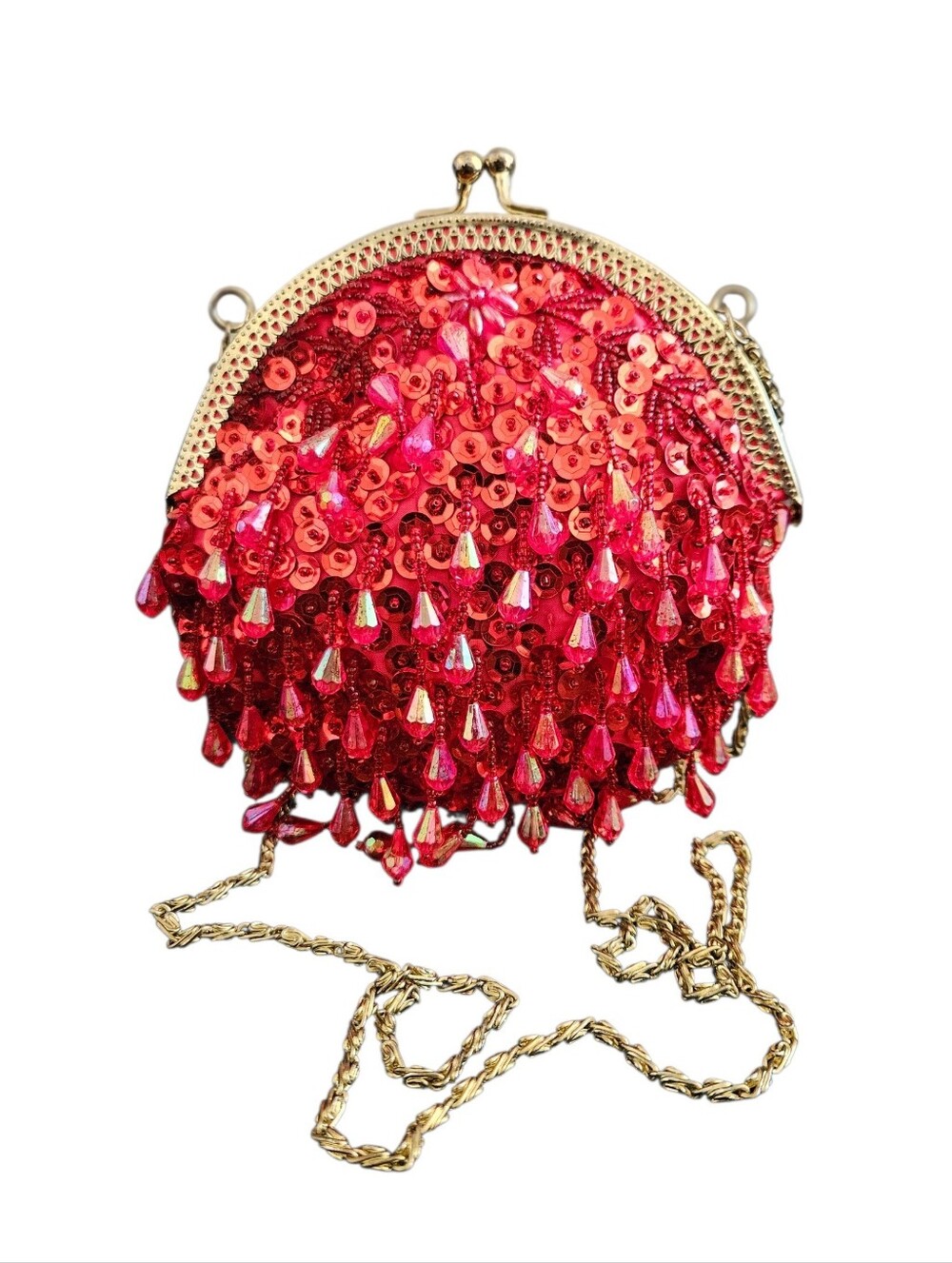 Vintage Red Sequin & Fringe Beaded Evening Shoulder Bag